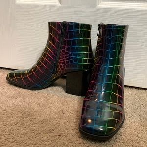 Black and rainbow print booties